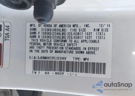2015 Honda Cr-V Ex-L z USA, uszkodzony, nr VIN 5J6RM4H73FL023486
